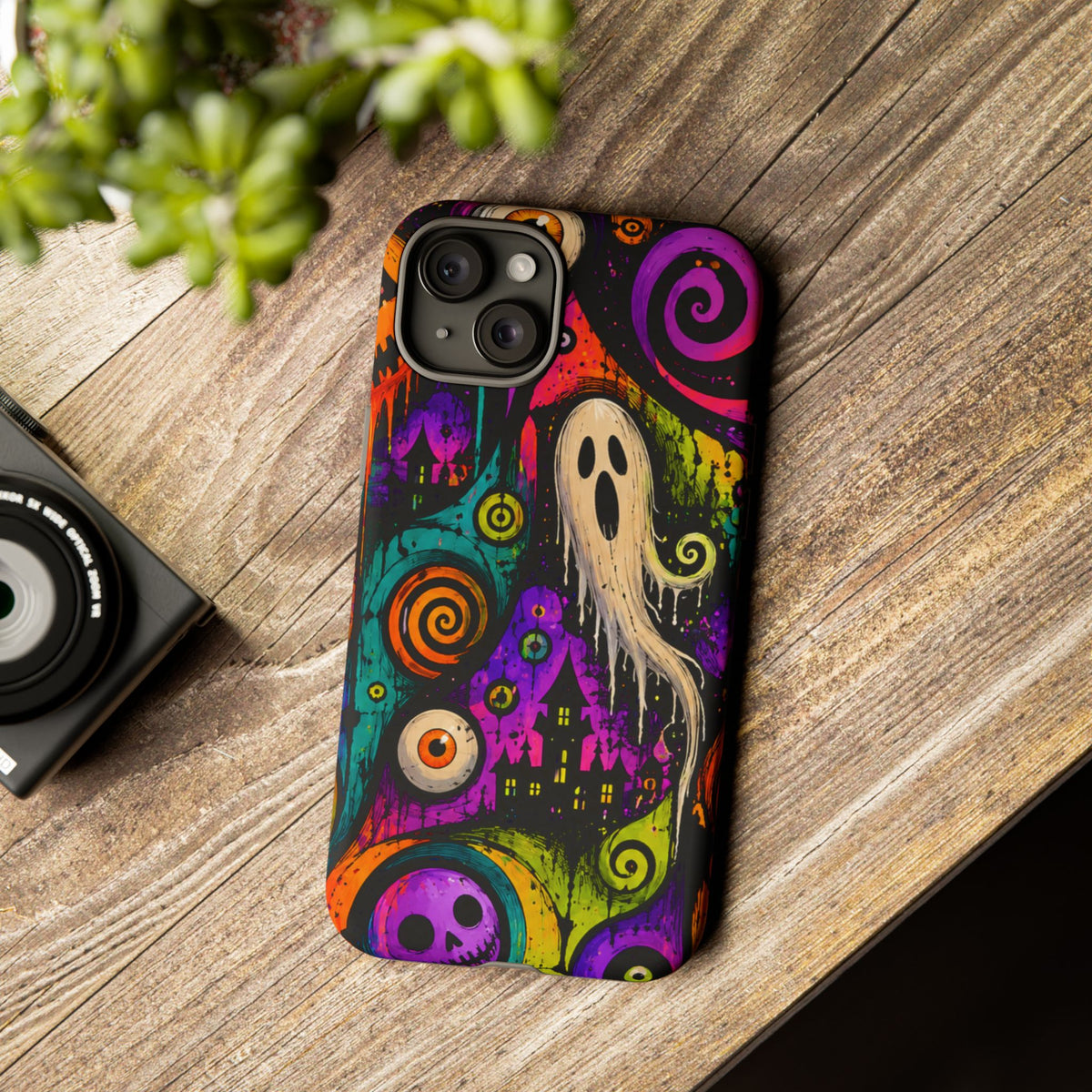 Halloween Ghost Phone Case — Colorful Spooky Skull & Haunted House Tough Case
