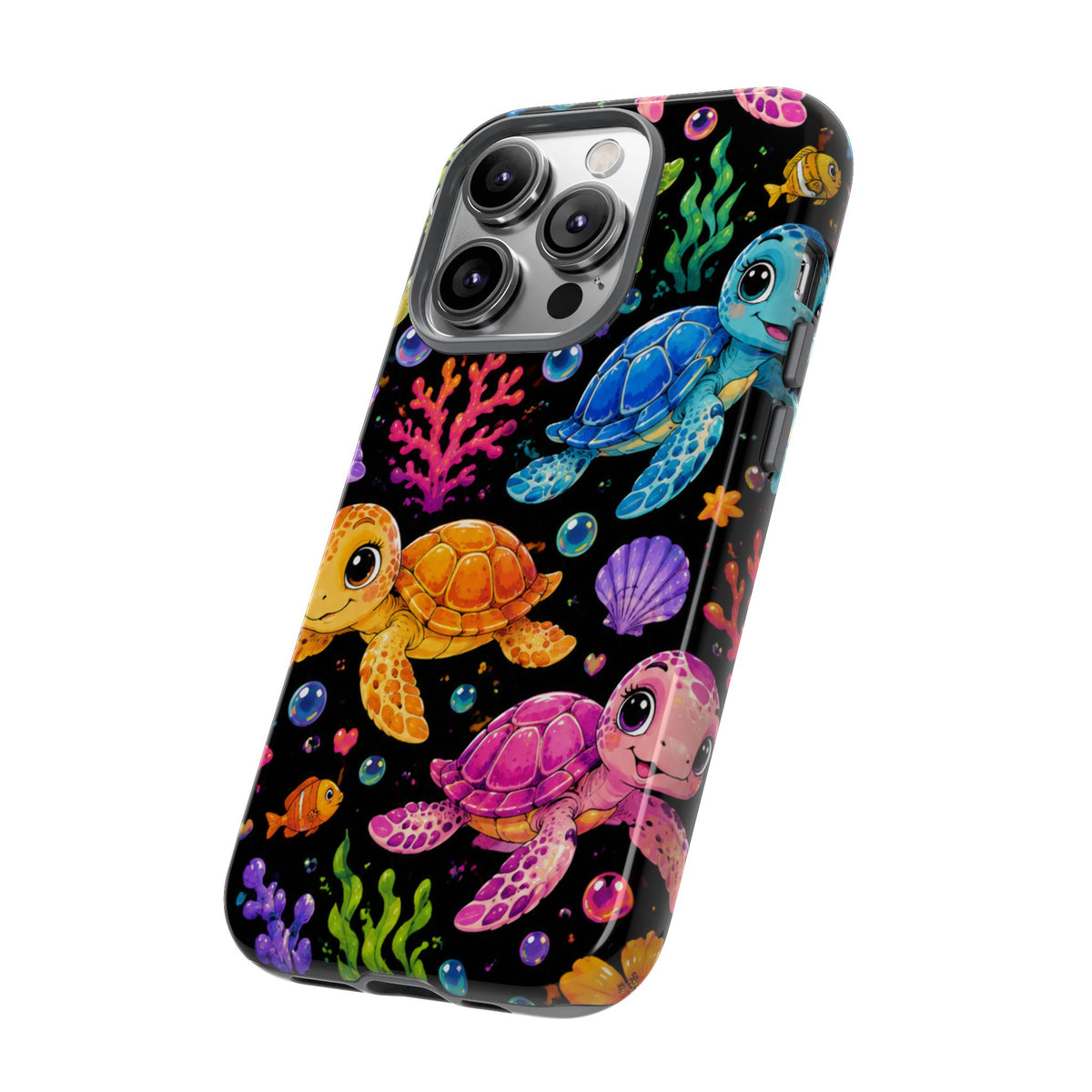 Phone Case — Colorful Cute Sea Turtles on Black (Protective Smartphone Cover)