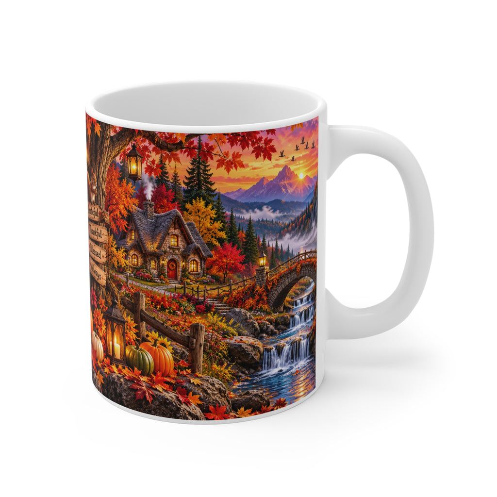Autumn Cottage 11oz Mug — Grateful Thankful Blessed Fall Scenic Coffee Cup