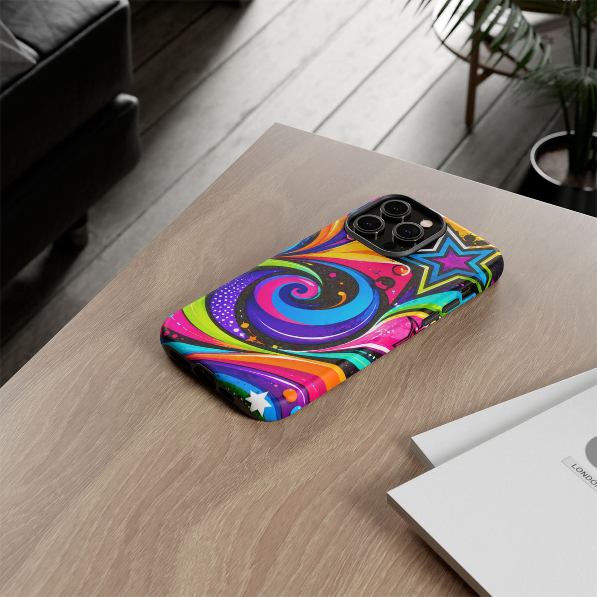 Psychedelic Swirl Phone Case — Bold Retro Stars & Neon Pop Art Tough Case