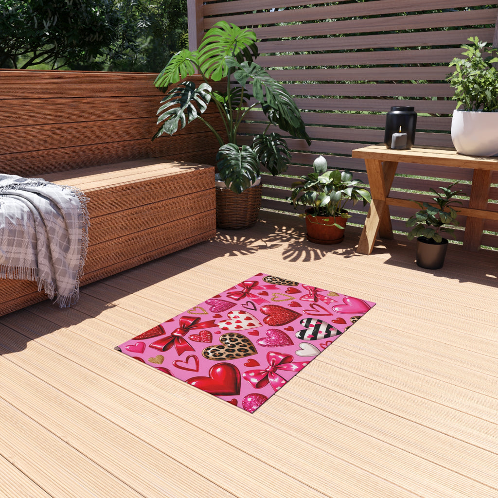 Valentine Hearts Outdoor Rug — Pink Bow & Leopard Accent Doormat