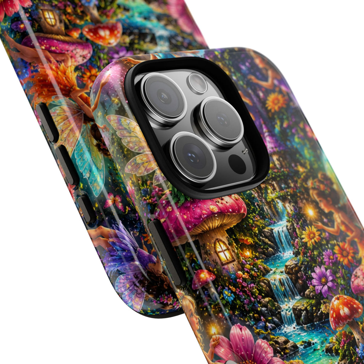 Fairy Garden Tough Phone Case — Whimsical Cottage, Waterfall & Mushroom Artwork