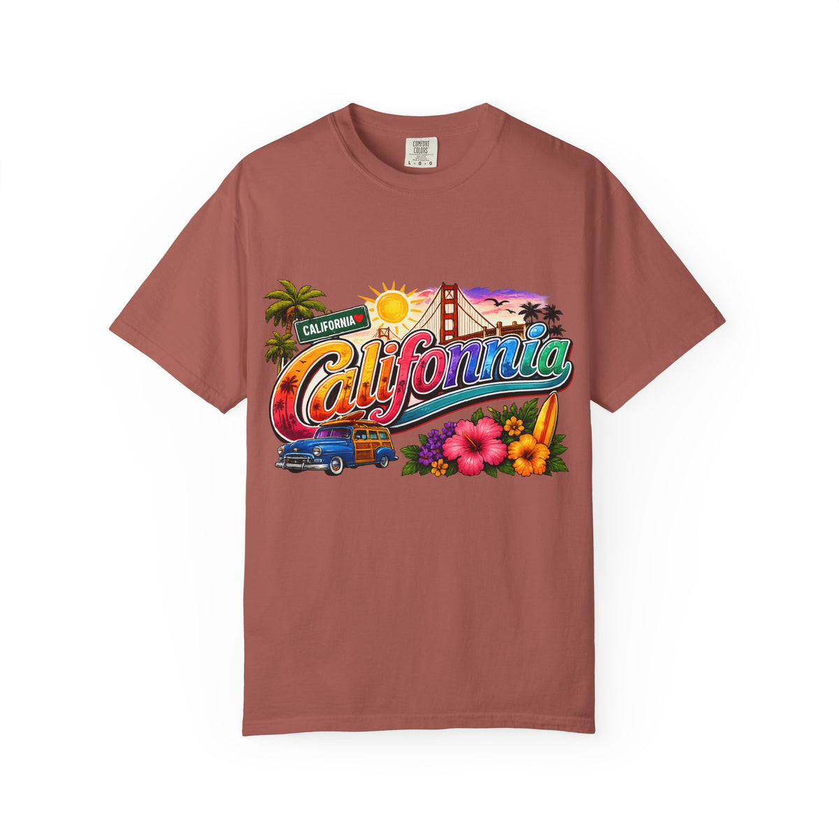 California Retro Sunset T-shirt | Golden Gate, Palm Trees & Surf