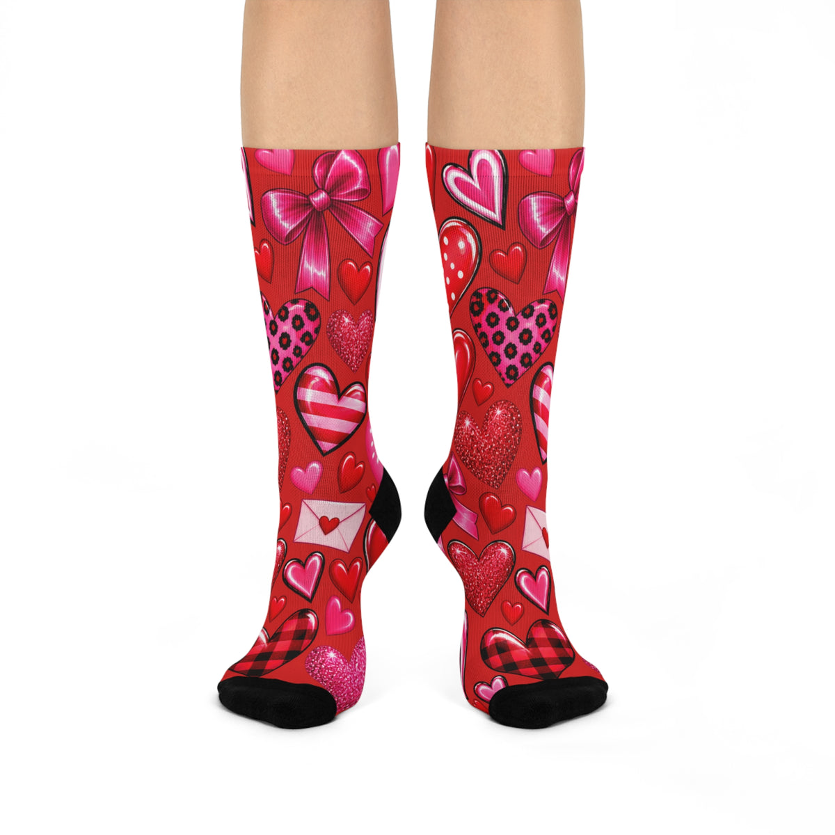 Valentine Heart Pattern Cushioned Crew Socks - Red Love, Envelopes & Bows