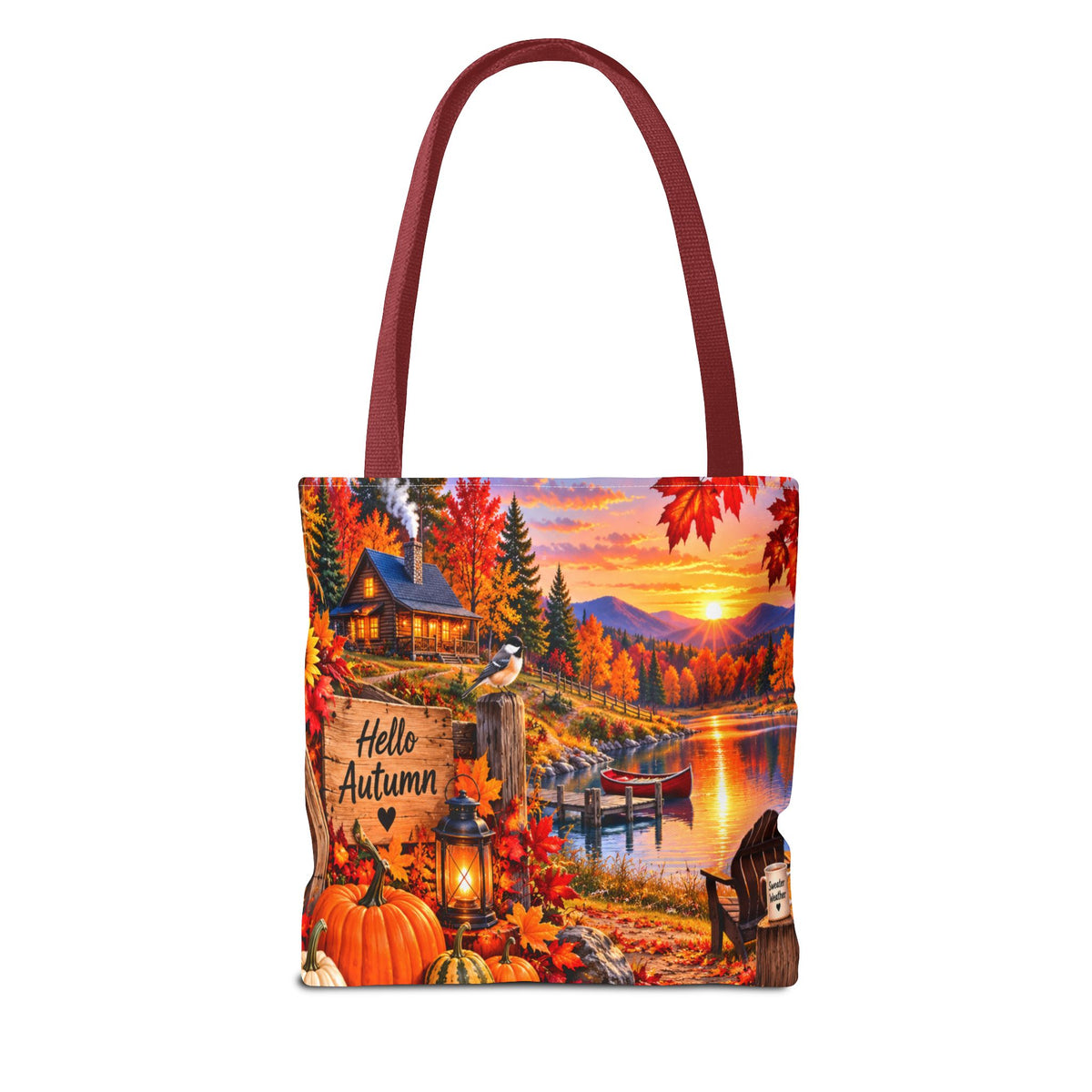 Autumn Lakeside Tote Bag — "Hello Autumn" Fall Cabin Sunset Design