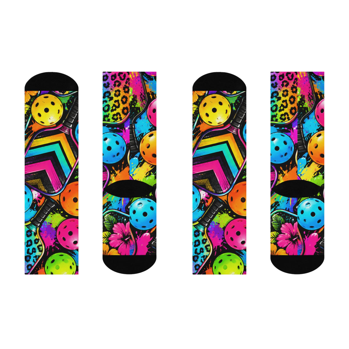 Cushioned Crew Socks — Neon Pickleball Hearts & Leopard Print Compression Socks