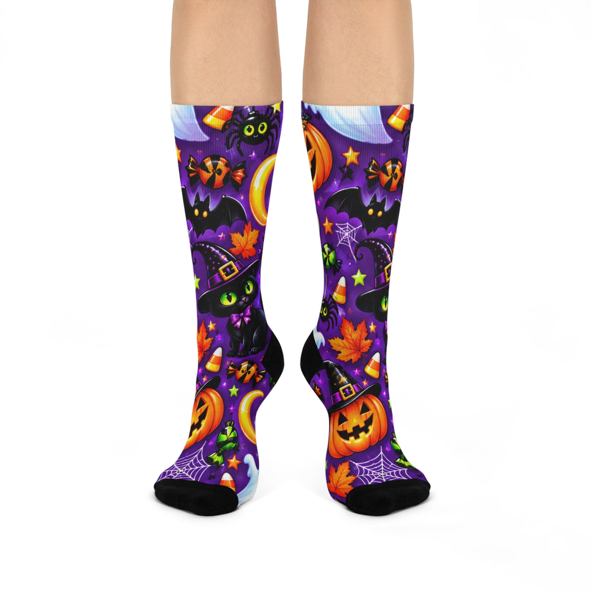 Halloween Cat & Pumpkin Crew Socks — Cushioned Trick-or-Treat Pattern
