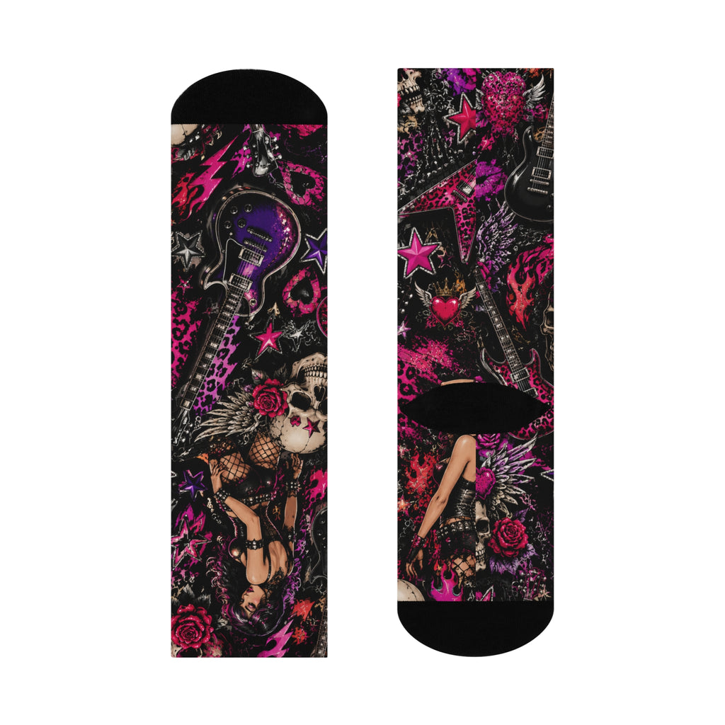 Gothic Pinup Skull Crew Socks — Cushioned Rockabilly Rose Knee-Highs