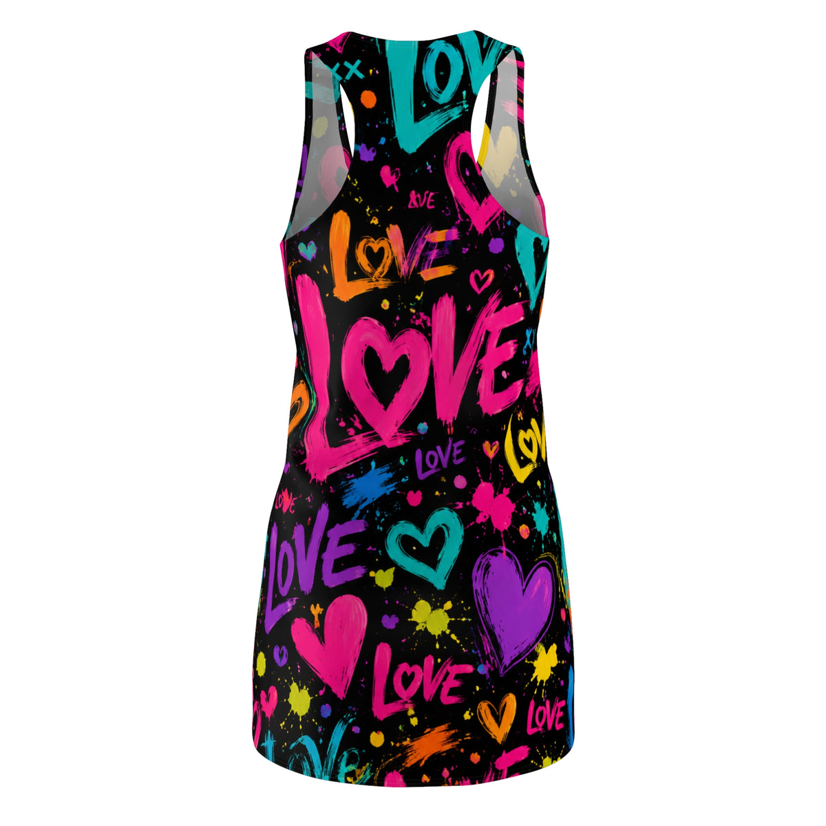 Neon Graffiti "Love" Racerback Dress — Colorful Heart Print AOP