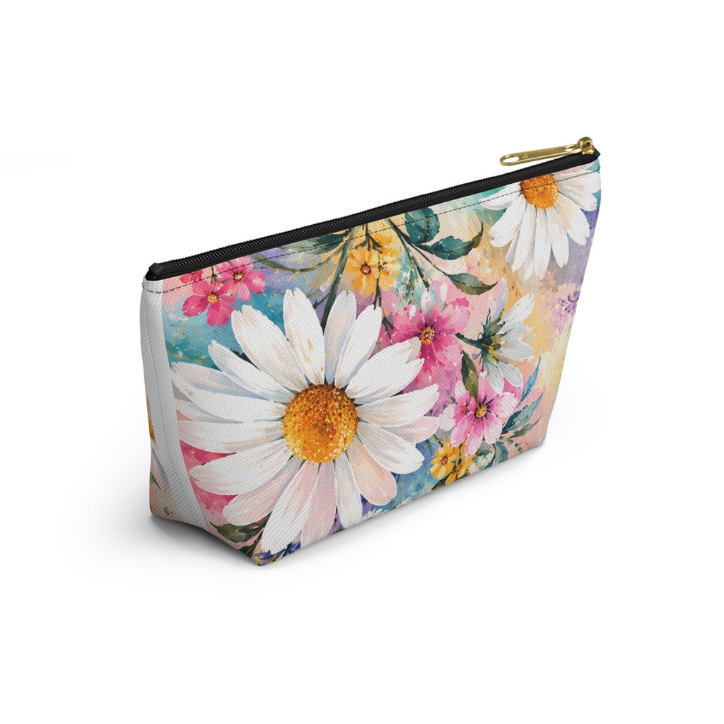 Daisy Meadow Accessory Pouch — Floral Cosmetic T‑Bottom Bag