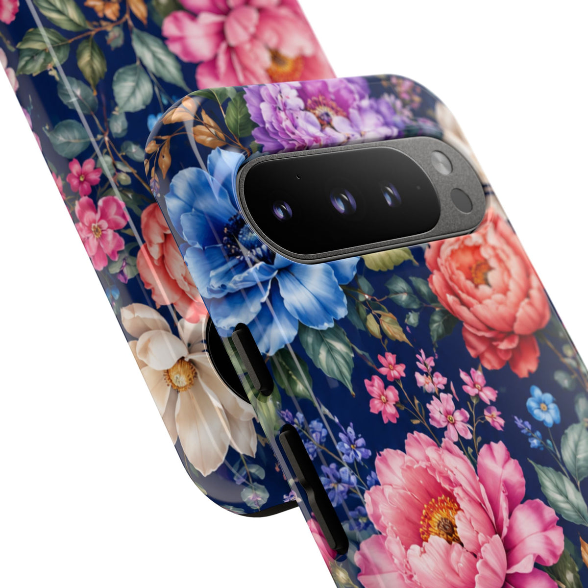 Floral Tough Phone Case – Vibrant Garden Flowers on Navy
