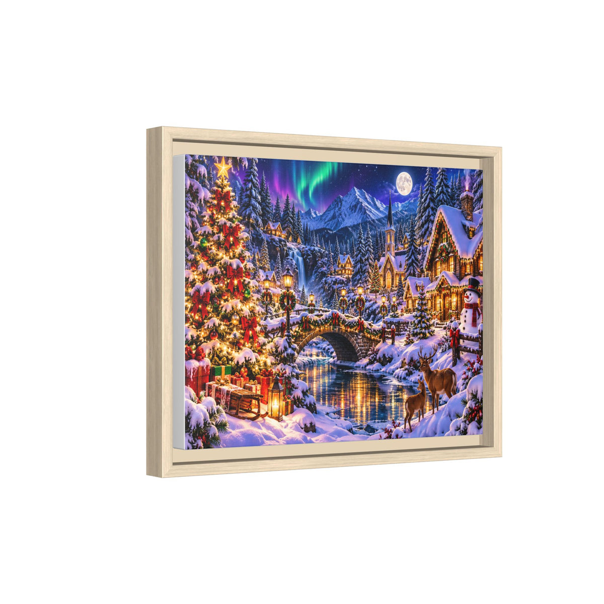 Framed Matte Canvas - Cozy Christmas Village Winter Night Wall Art
