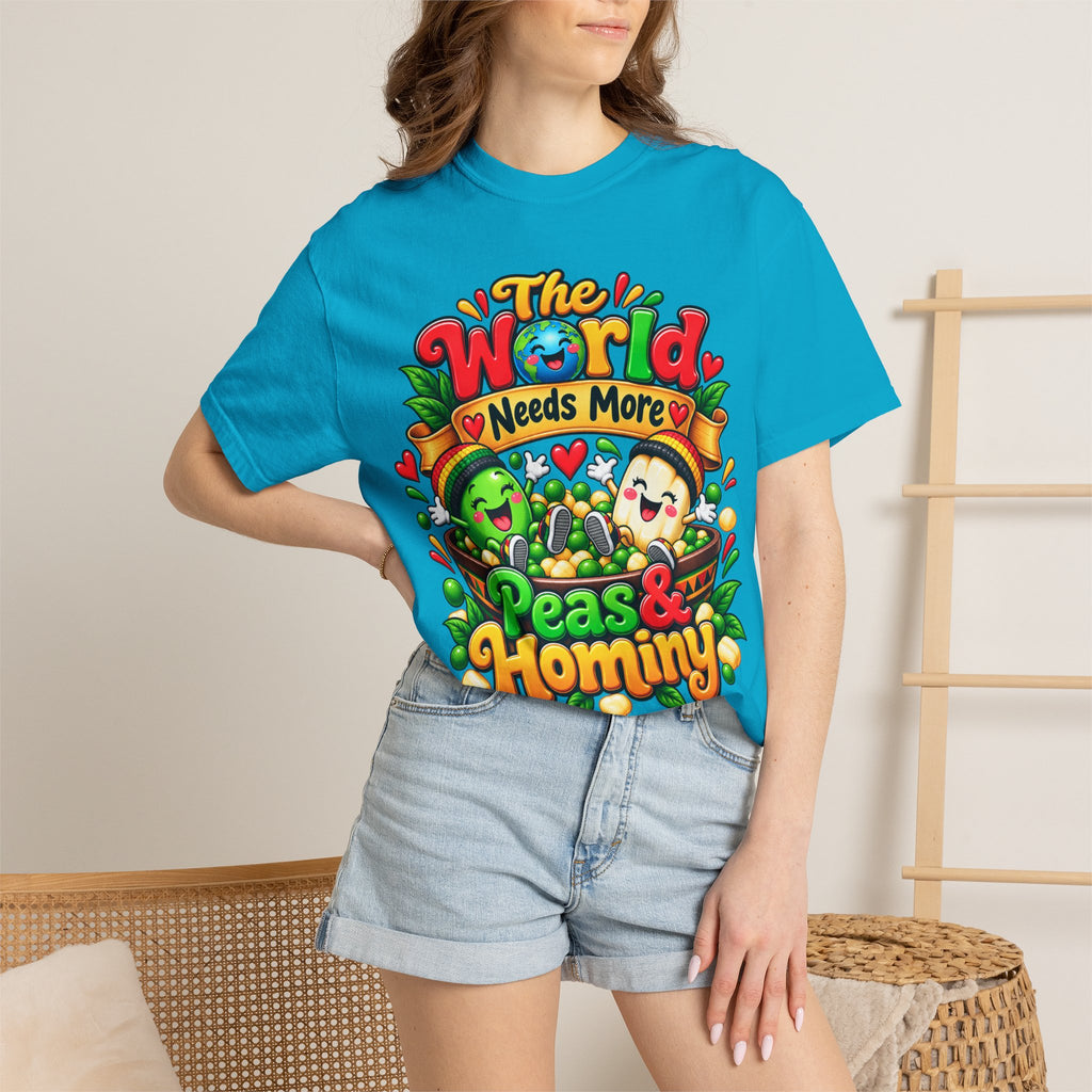 T-Shirt — "The World Needs More Peas & Hominy" Cute Veggie Love Graphic Tee