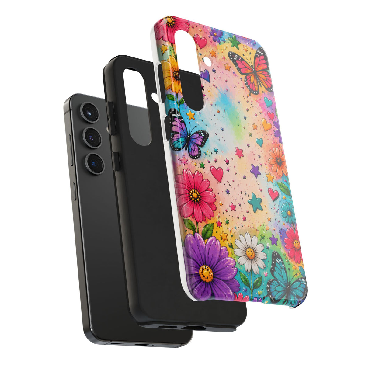 Colorful Butterflies and Flowers Tough Phone Case | Rainbow Hearts Stars