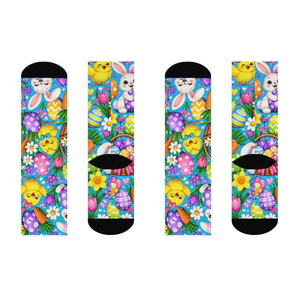 Easter Chick & Bunny Cushioned Crew Socks — Colorful Egg, Carrot & Spring Floral Design