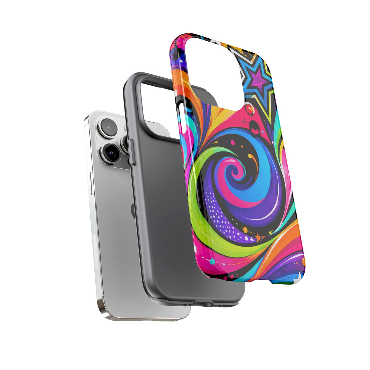 Psychedelic Swirl Phone Case — Bold Retro Stars & Neon Pop Art Tough Case