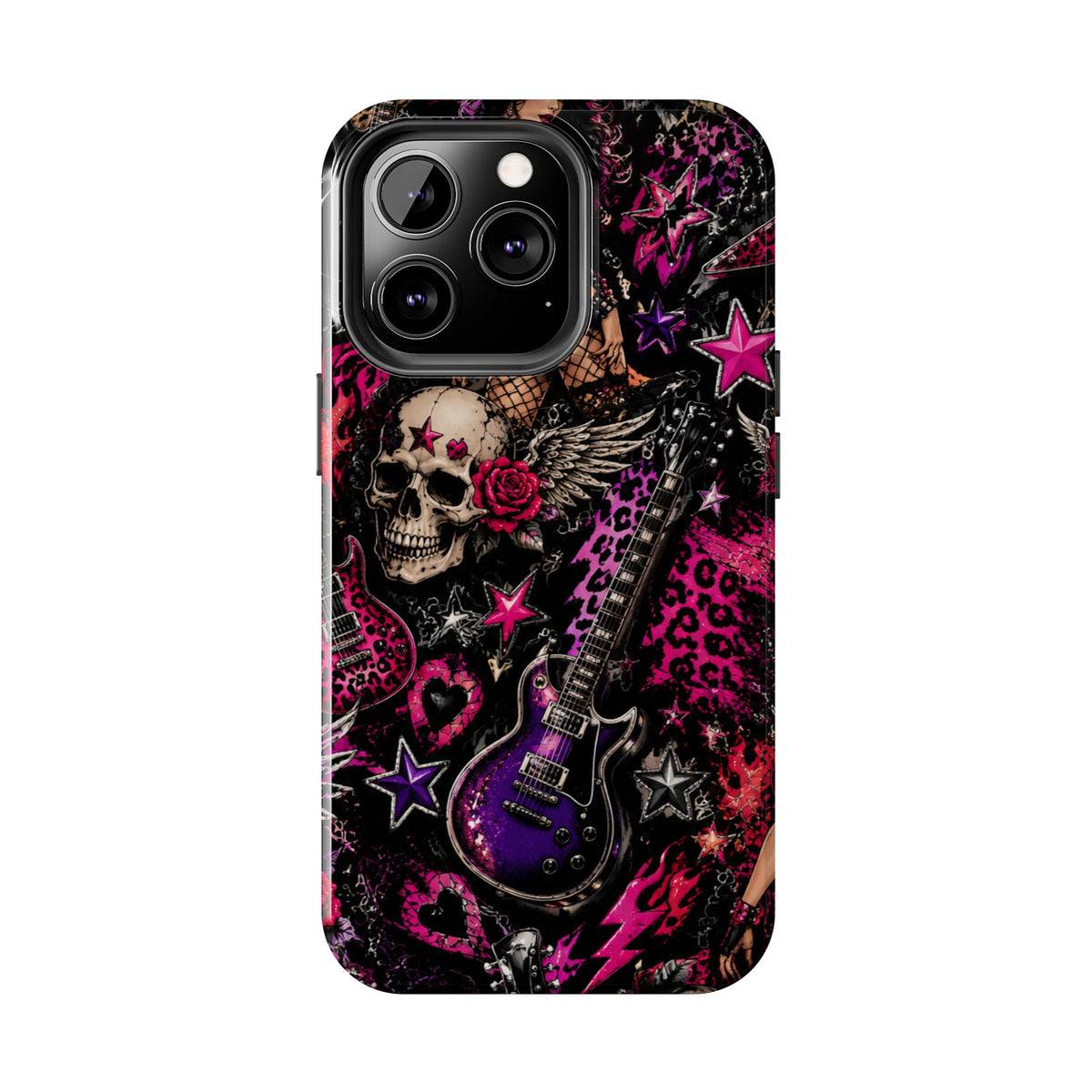 Rock Skull Guitar Phone Case — Edgy Pink Skull & Roses Tough Phone Case