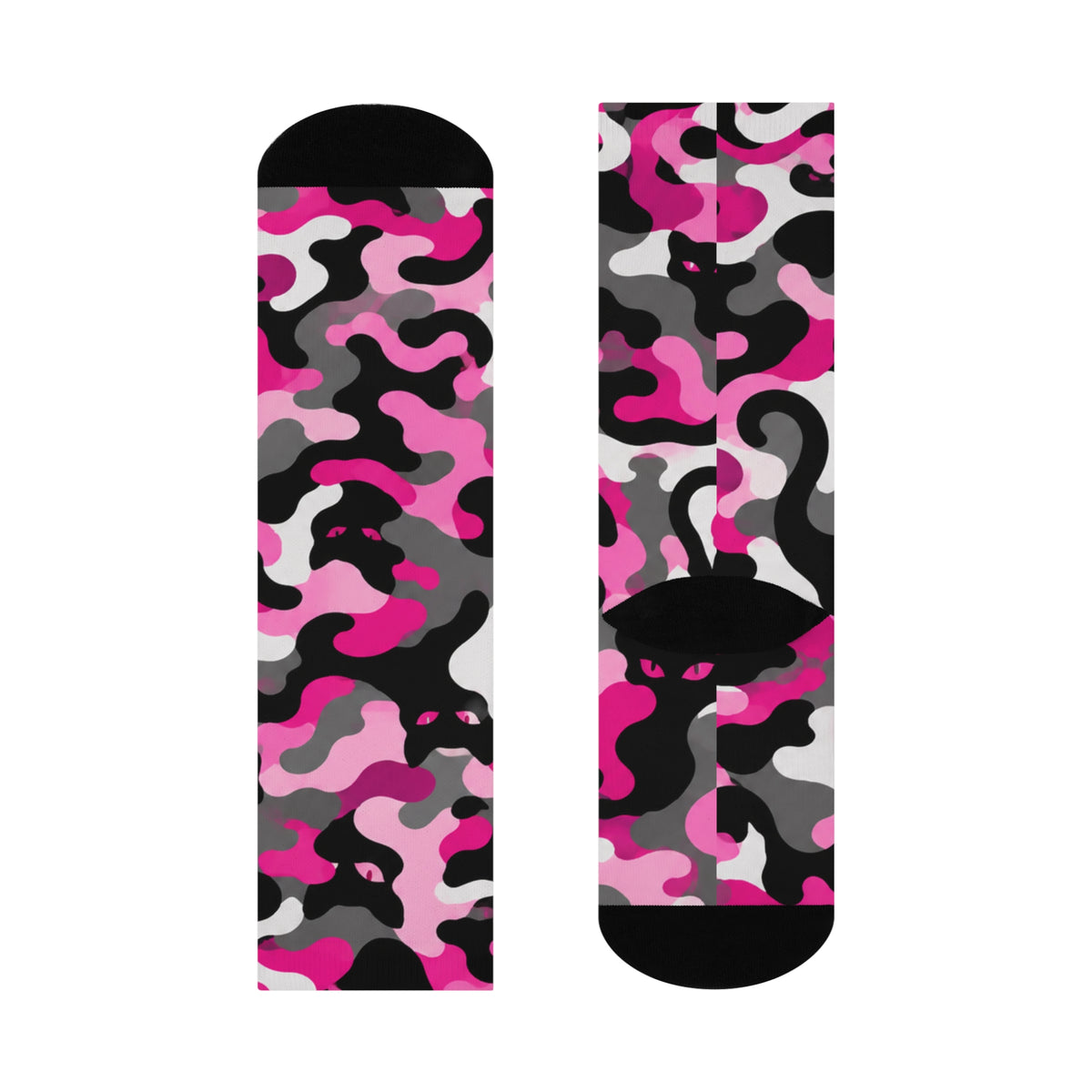 Pink Camo Crew Socks — Cushioned Fashion Socks with Cat Silhouette Pattern