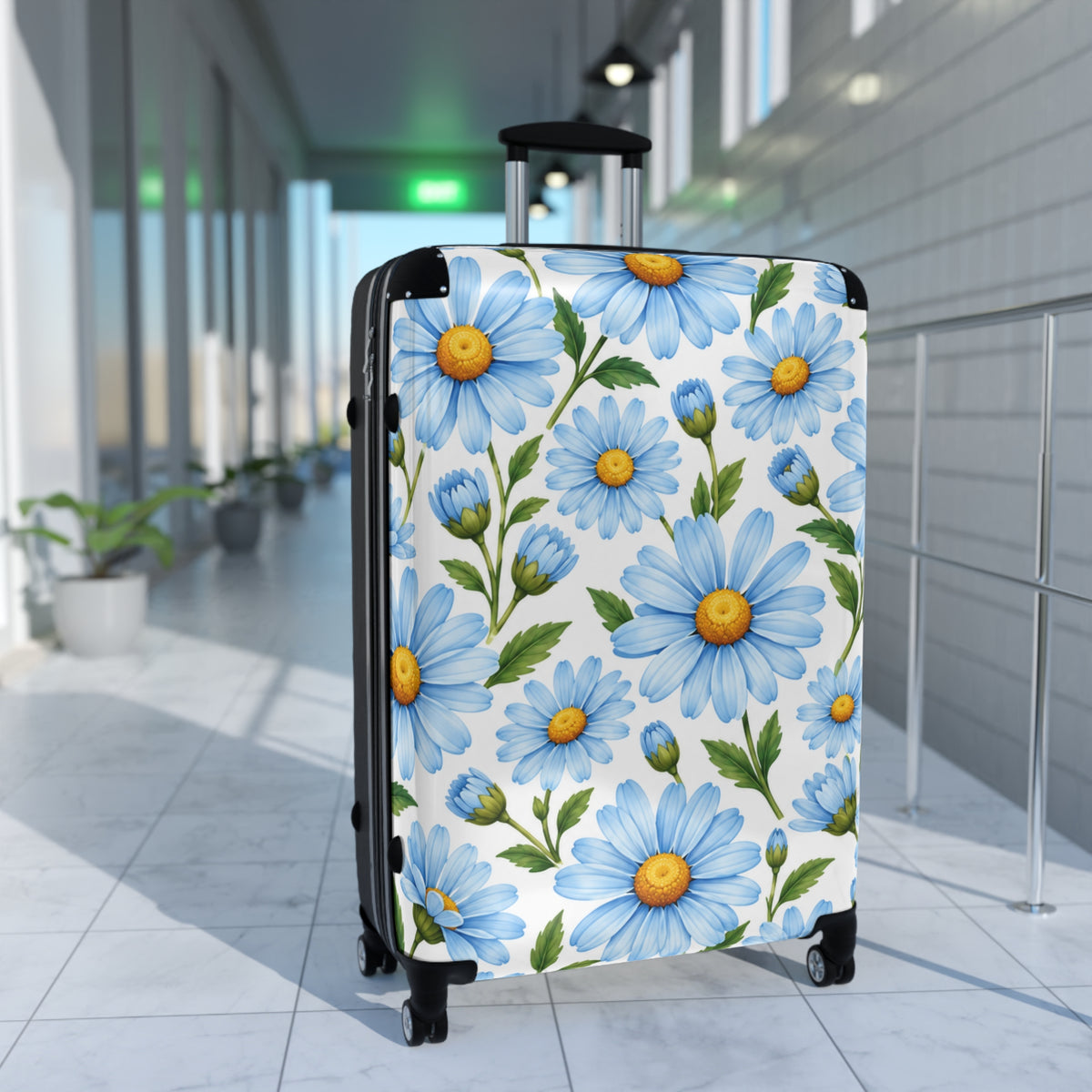 Blue Daisy Floral Suitcase – Lightweight Rolling Carry-On Travel Luggage