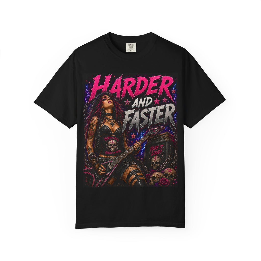 Harder and Faster Guitar Girl T-Shirt | Heavy Metal Rock Tee