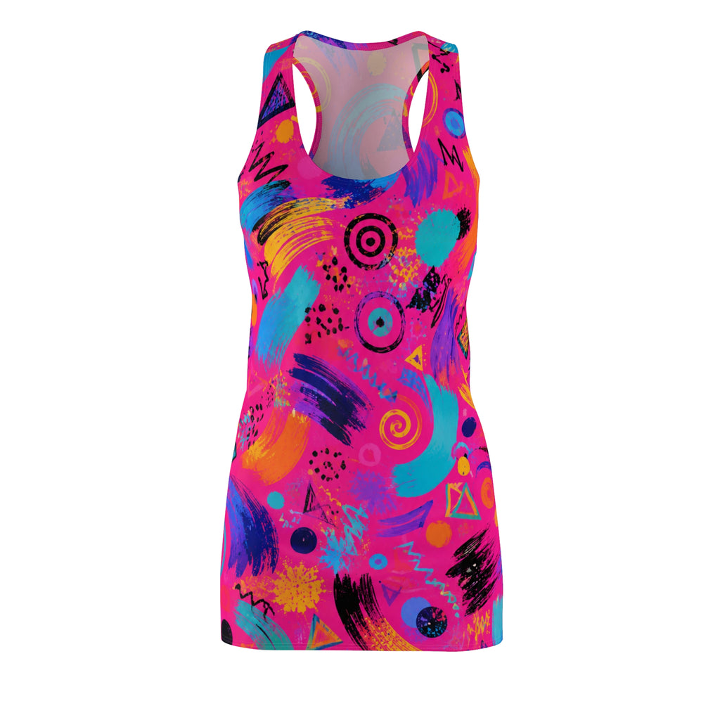 Neon Abstract Racerback Dress — Bright 80s Retro All-Over Print