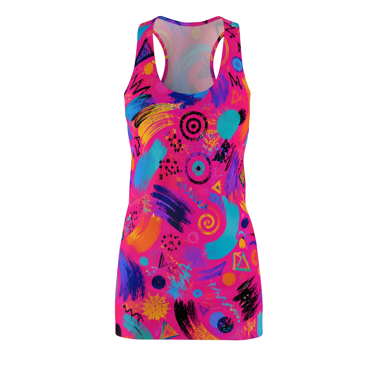 Neon Abstract Racerback Dress — Bright 80s Retro All-Over Print