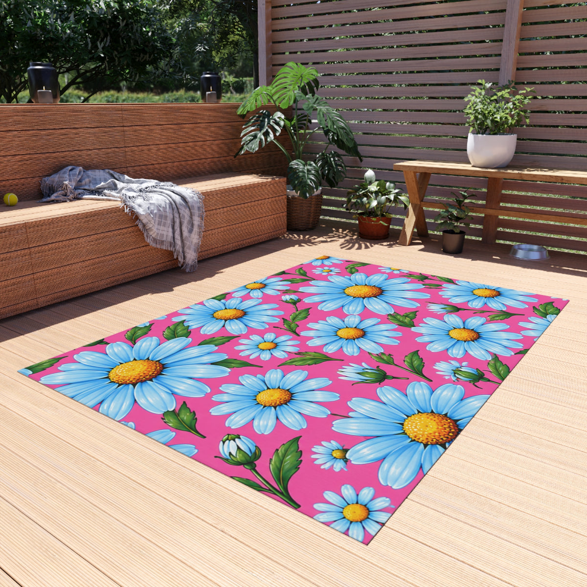 Daisy Bloom Outdoor Rug — Bright Blue Daisies on Pink Patio Mat