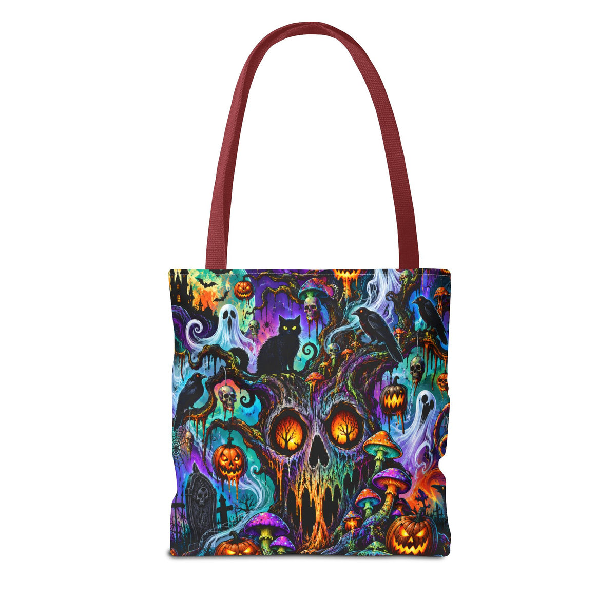 Halloween Haunted Pumpkin Tote Bag — Spooky Cat & Ghosts All-Over Print
