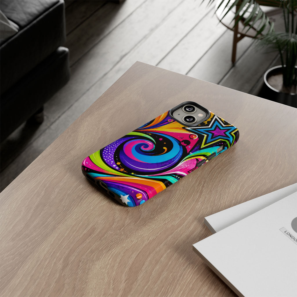 Psychedelic Swirl Phone Case — Bold Retro Stars & Neon Pop Art Tough Case