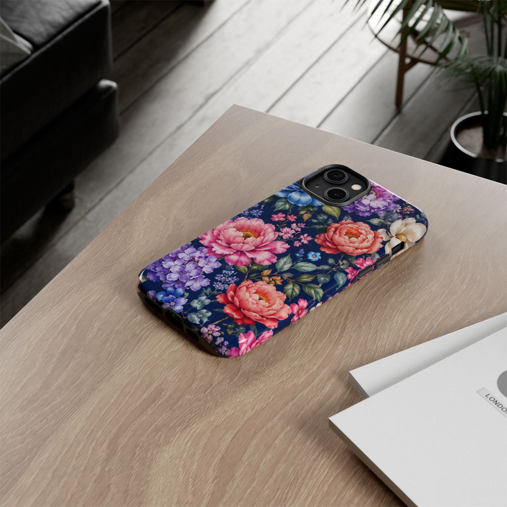 Floral Tough Phone Case – Vibrant Garden Flowers on Navy