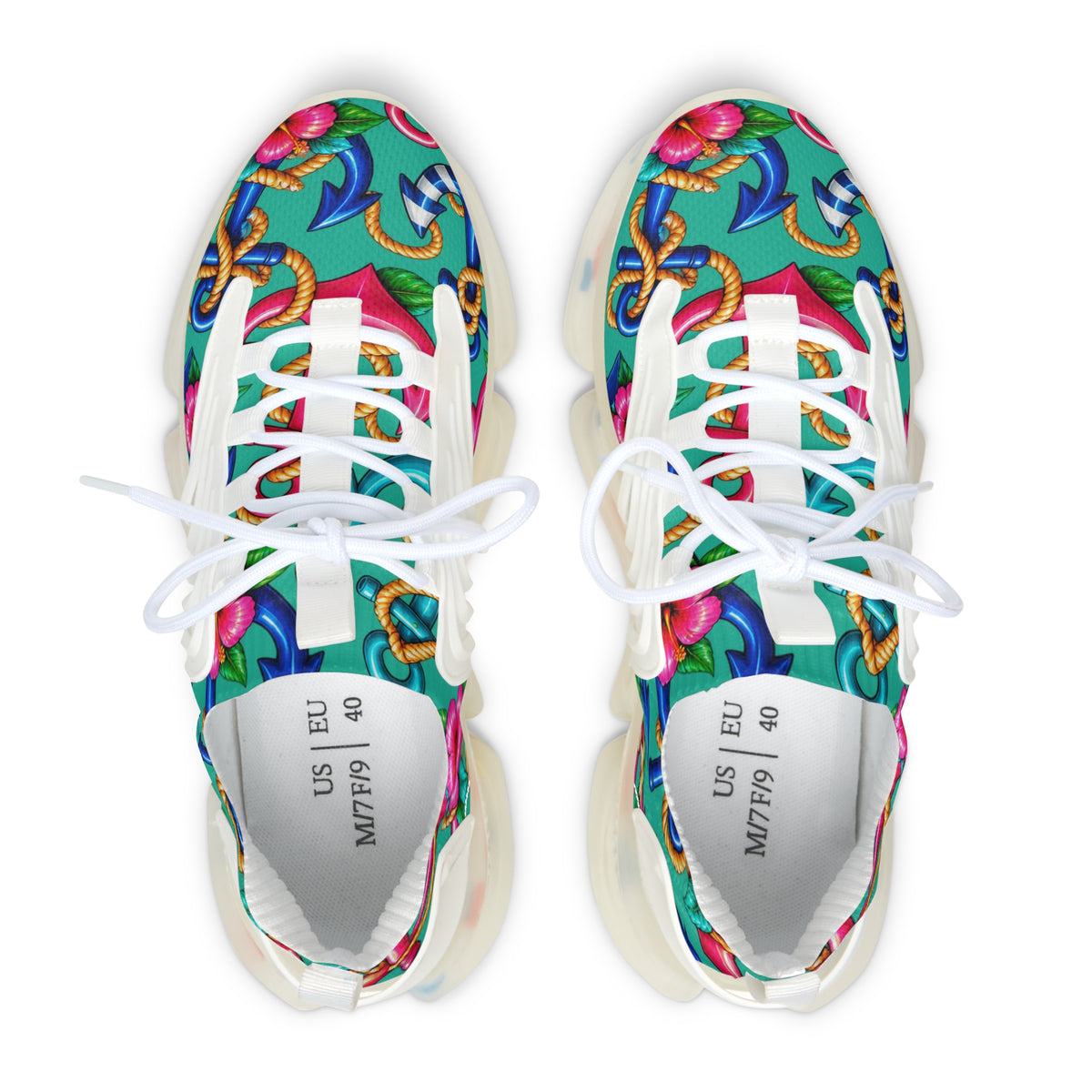 Floral Tropical Mesh Sneakers — Women's Colorful Rope & Hibiscus Print