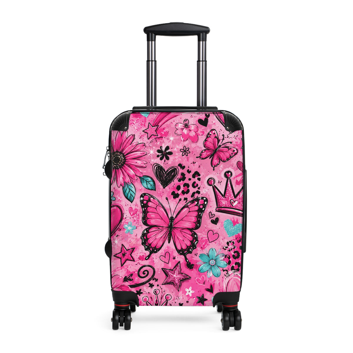 Pink Butterfly Suitcase – Kids’ Rolling Carry-On with Floral & Crown Design