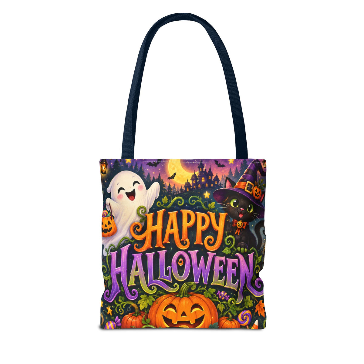 Halloween Tote Bag — Cute Ghost, Black Cat & Pumpkin Trick-or-Treat Candy Bag