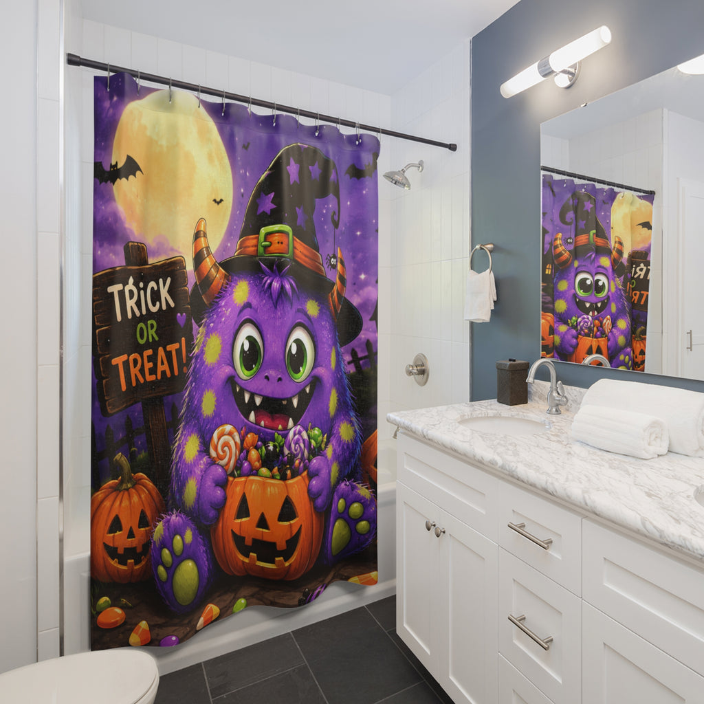 Halloween Monster Shower Curtain — Cute Purple Trick-or-Treat Design