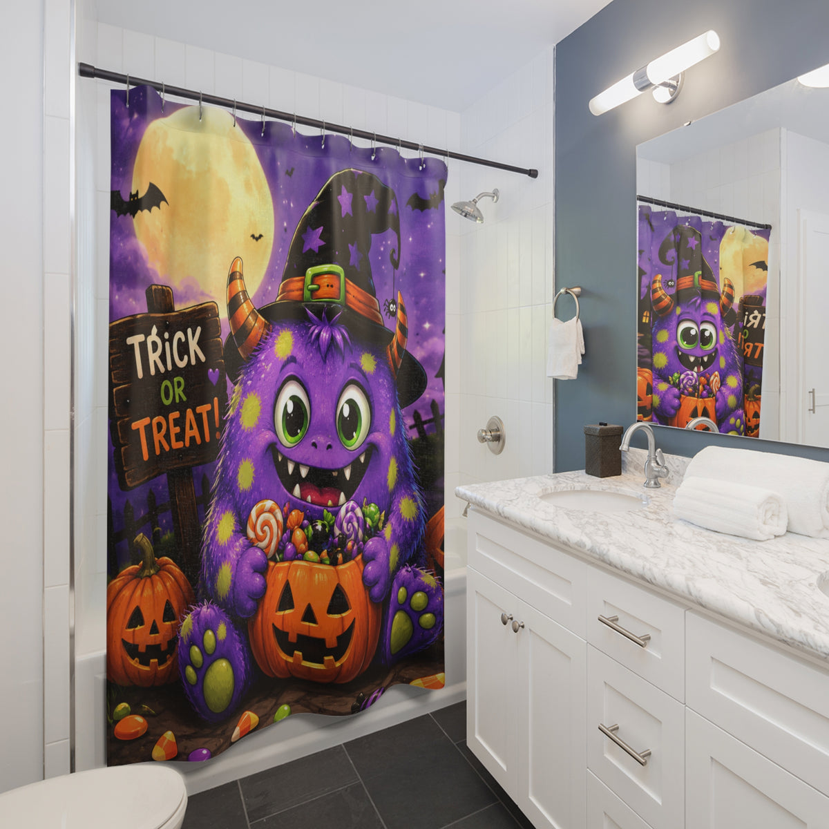 Halloween Monster Shower Curtain — Cute Purple Trick-or-Treat Design