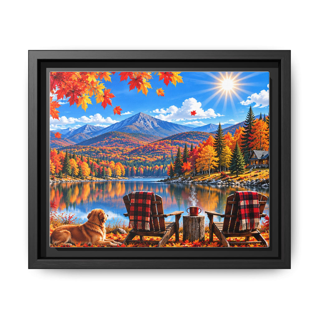 Autumn Lake Framed Canvas Print — Cozy Fall Cabin Landscape
