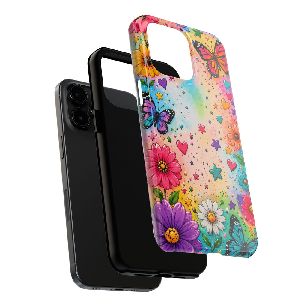 Colorful Butterflies and Flowers Tough Phone Case | Rainbow Hearts Stars