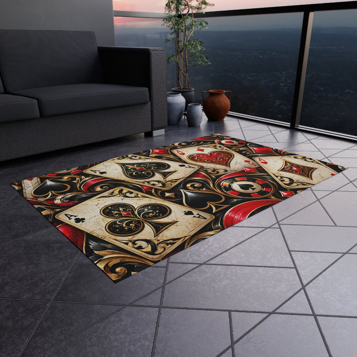 Vintage Playing Cards Outdoor Rug — Casino Poker Patio Mat