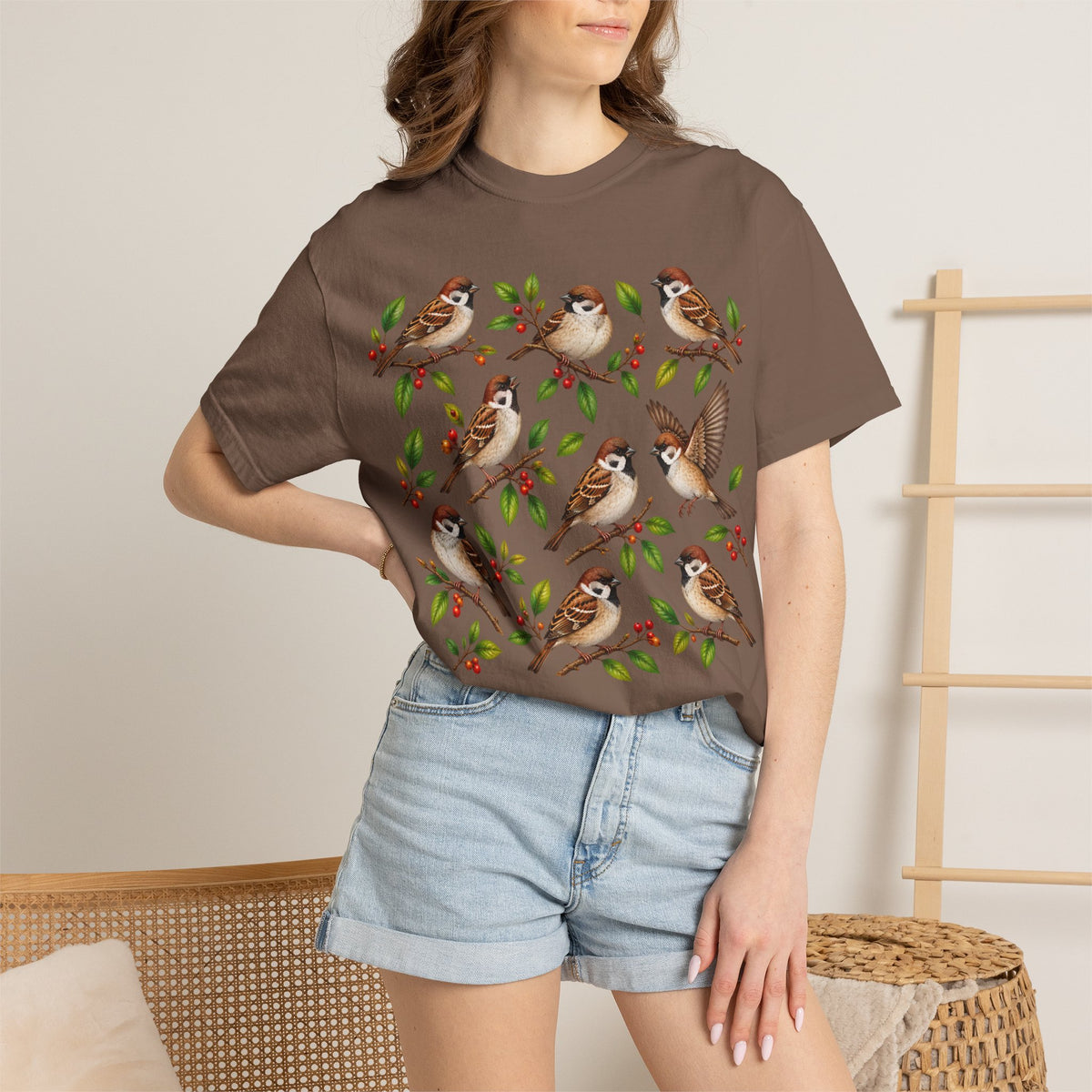 Sparrow Branches T-Shirt — Vintage Bird Illustration Tee for Bird Lovers & Nature Fans