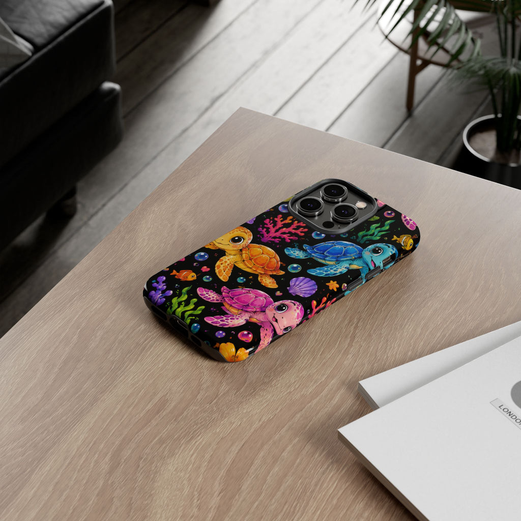 Phone Case — Colorful Cute Sea Turtles on Black (Protective Smartphone Cover)