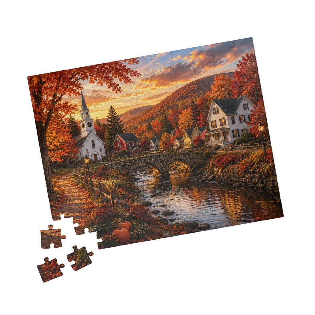 Autumn Village Landscape Puzzle | Fall River Church 520-Piece