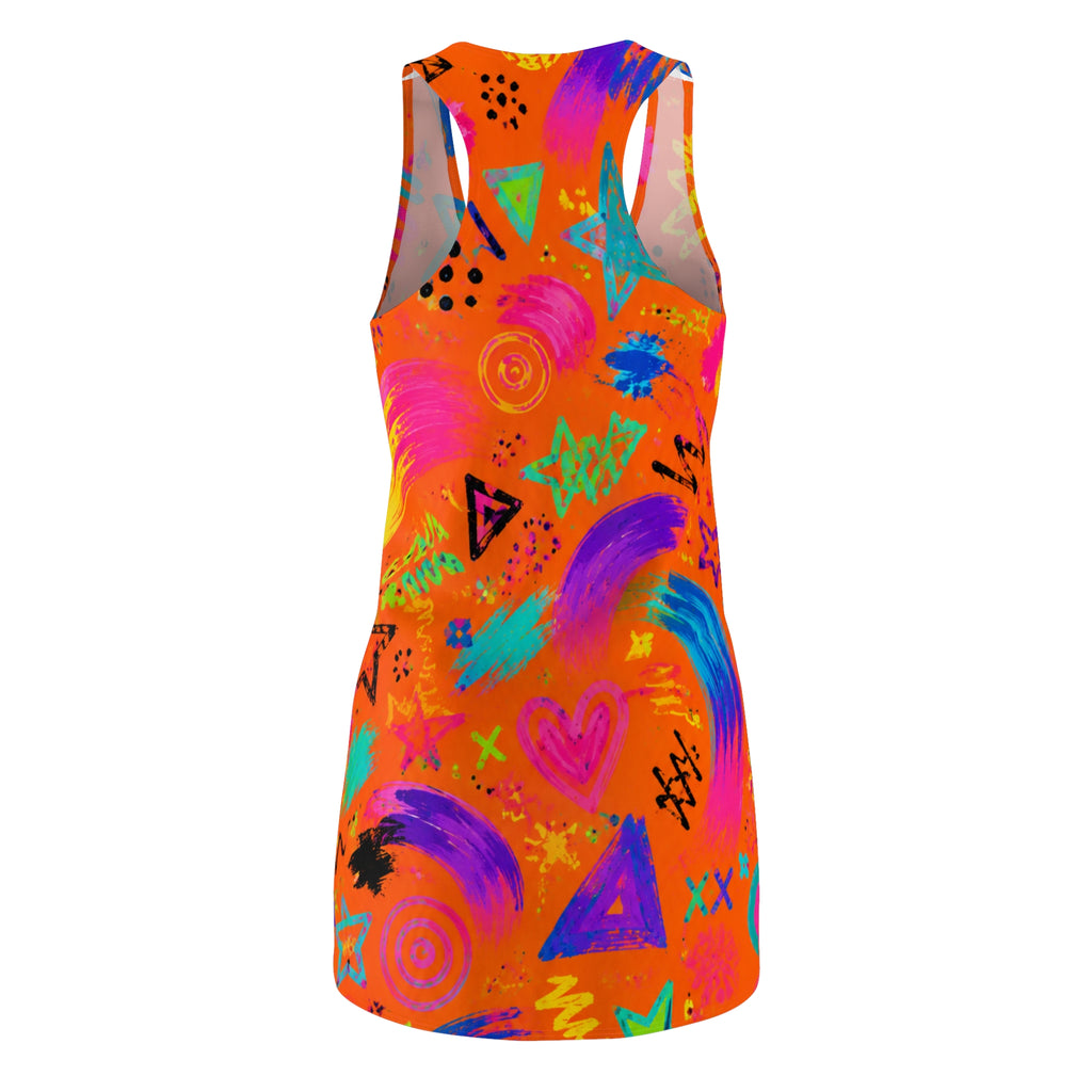 Neon Graffiti Racerback Dress — Bright Abstract Stars & Hearts All-Over Print