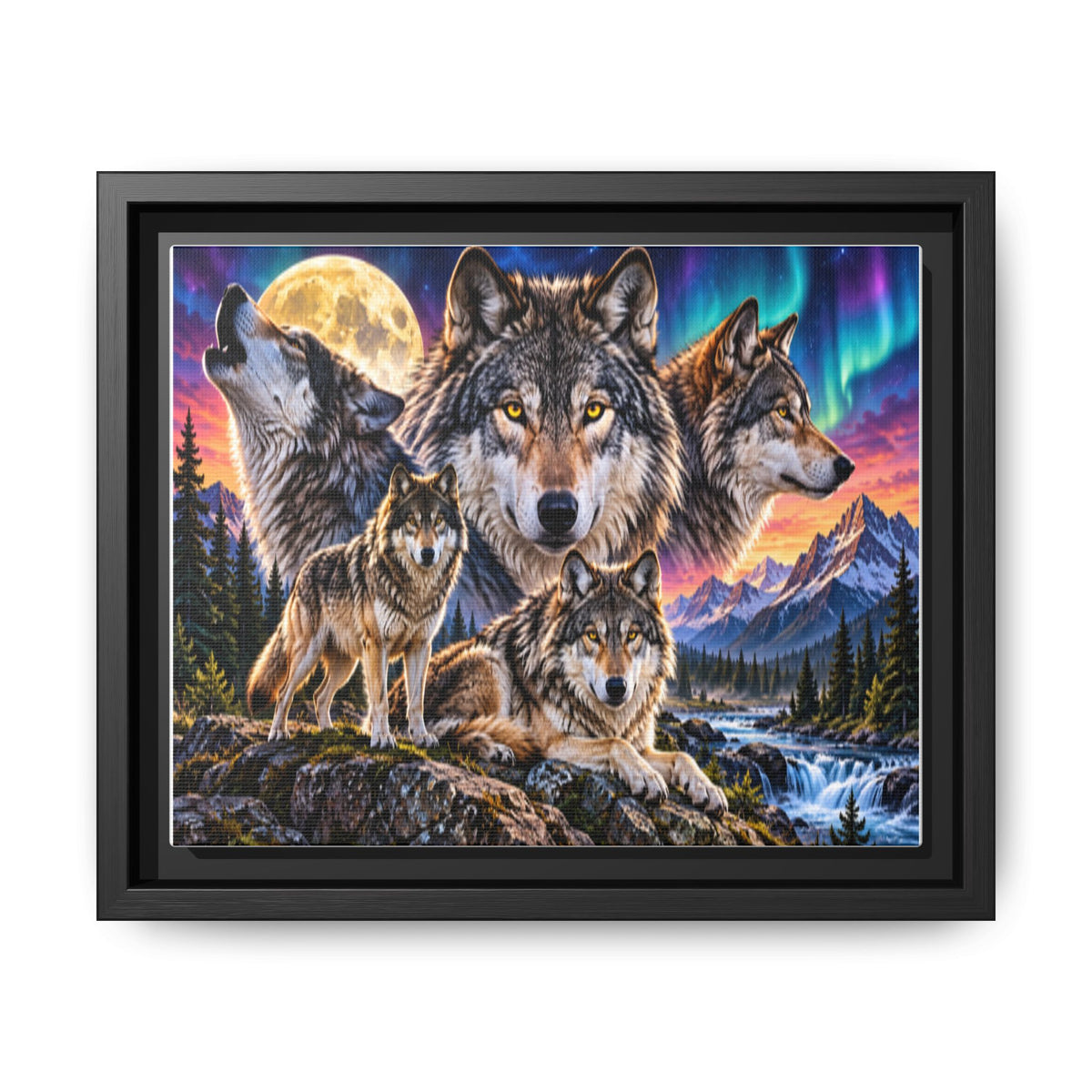 Framed Wolf Pack Matte Canvas Wall Art — Northern Lights Wilderness Scene