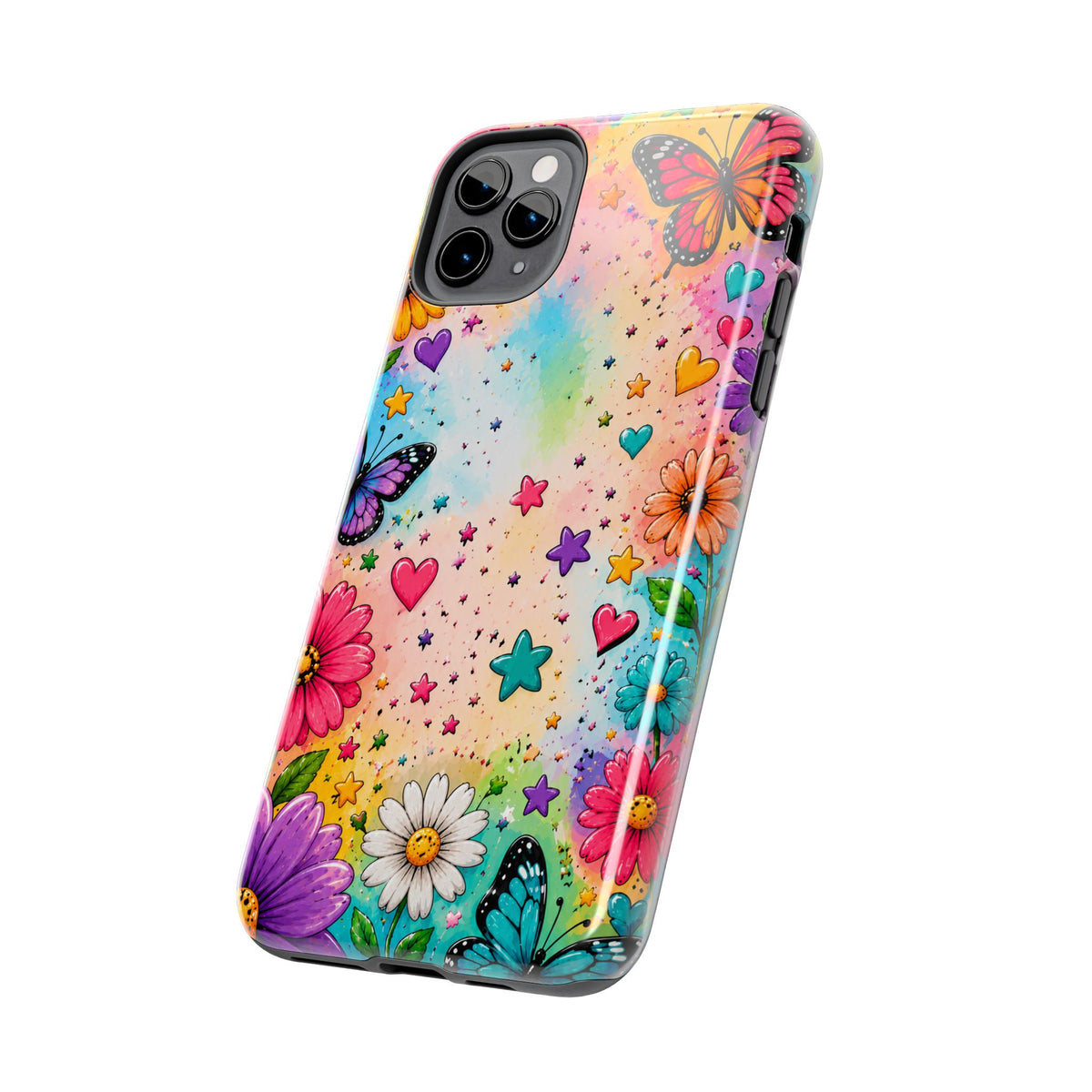 Colorful Butterflies and Flowers Tough Phone Case | Rainbow Hearts Stars