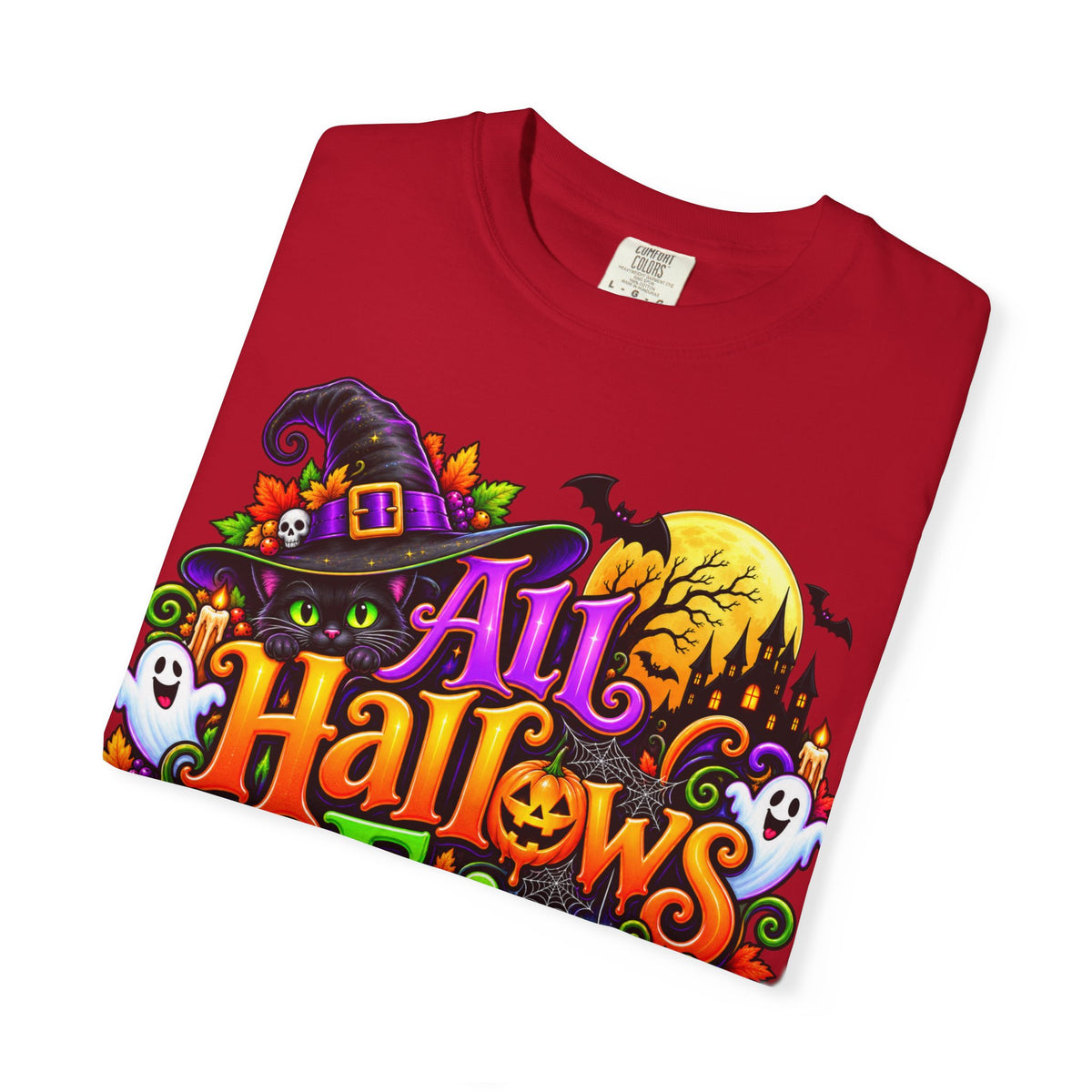 All Hallows Eve Halloween T-Shirt — Colorful Witch, Pumpkins & Ghosts Design