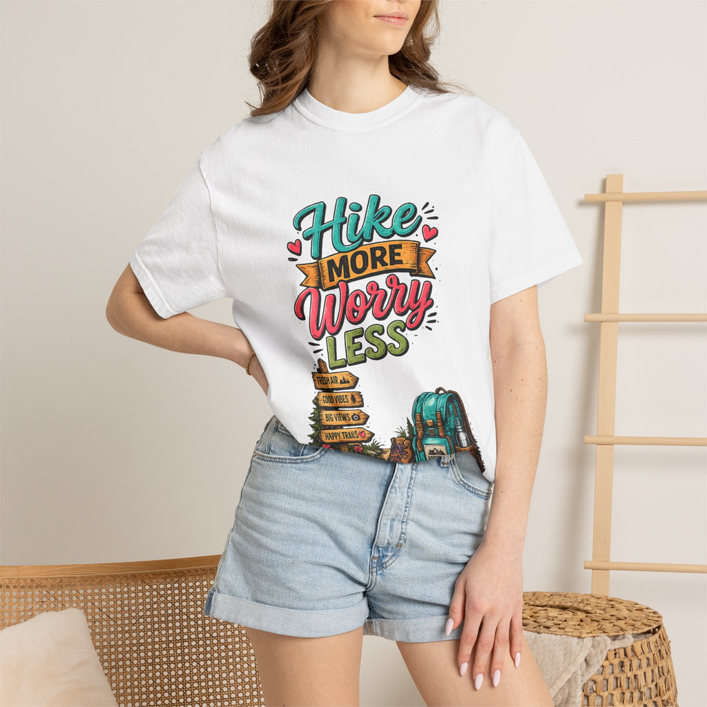 Hike More Worry Less T-Shirt | Hiking Backpack Trail Sign Tee