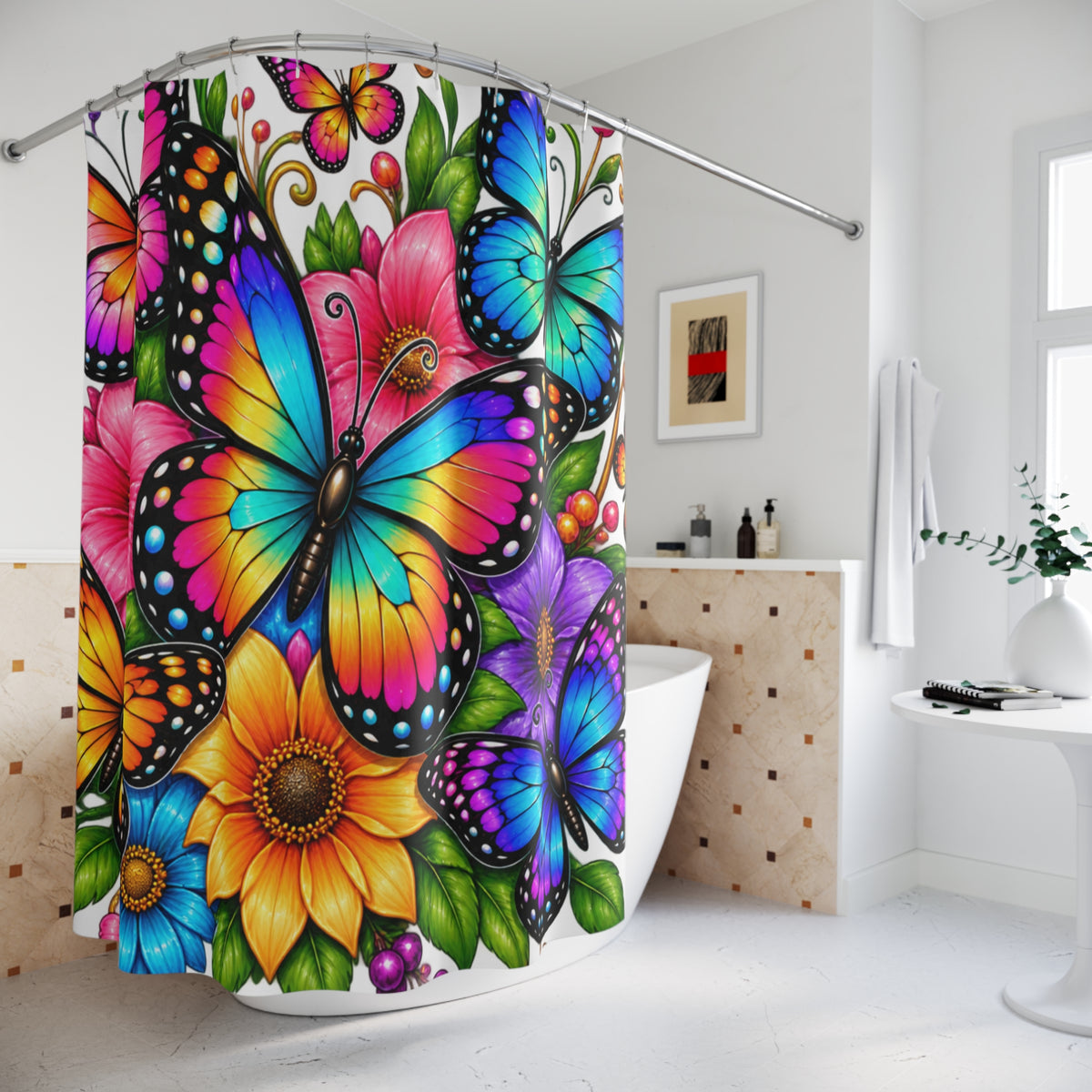 Butterfly Garden Shower Curtain — Vibrant Floral & Rainbow Butterflies Bathroom Decor