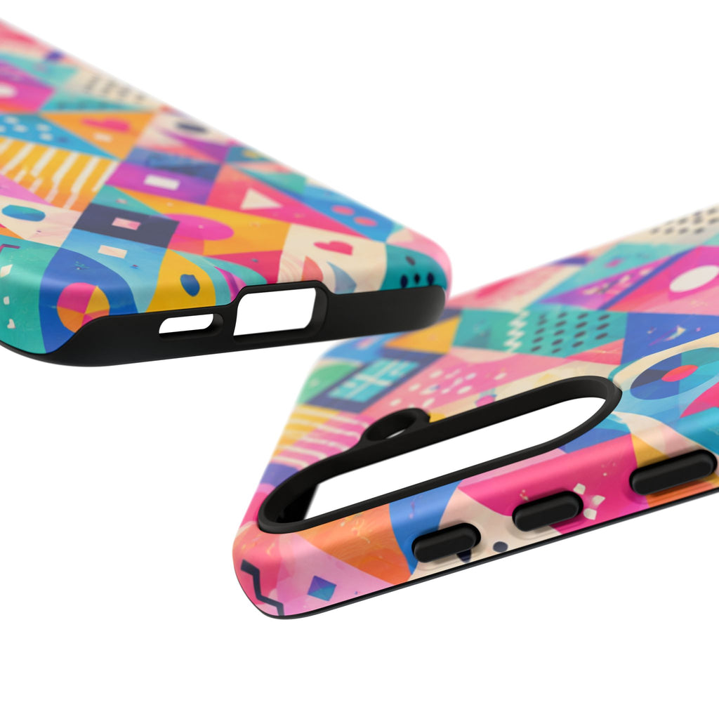 Colorful Geometric Tough Phone Case — Bright Abstract Heart & Triangle Pattern