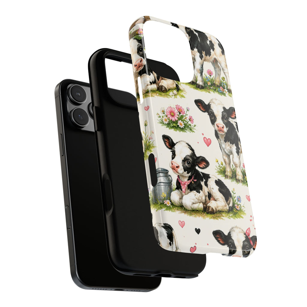 Cute Calf Pattern Phone Case – Pastel Cow Hearts & Flowers Protective Cover