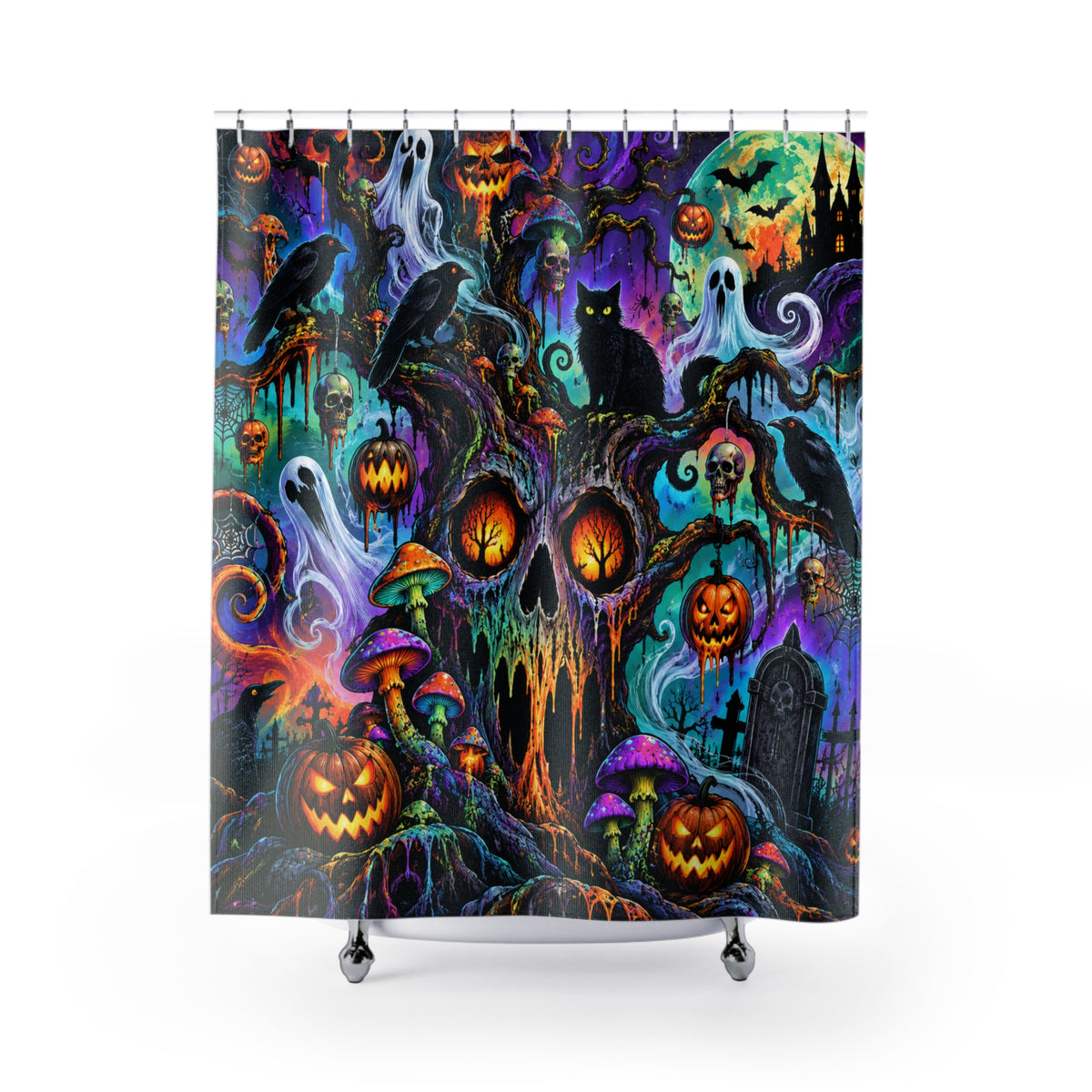 Halloween Haunted Forest Shower Curtain — Spooky Pumpkins, Black Cat & Ghosts